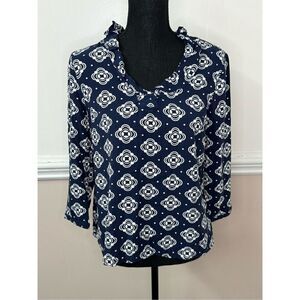 Crown & Ivy Navy Ruffle Neck Blouse Size Small